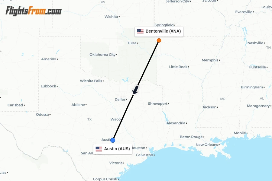 Flights from Bentonville to Austin route map