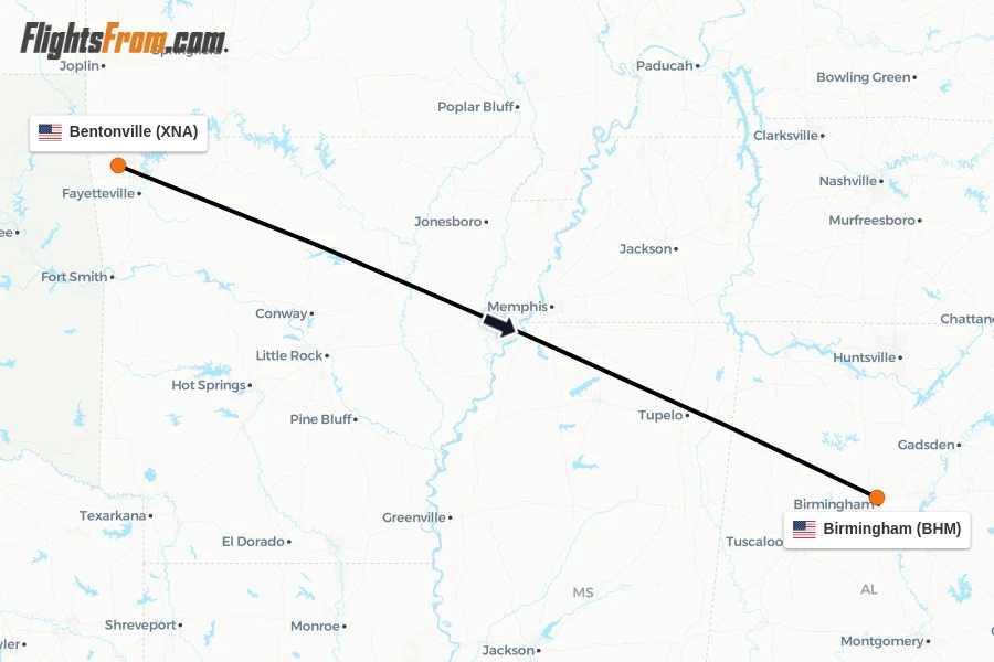 Flights from Bentonville to Birmingham route map