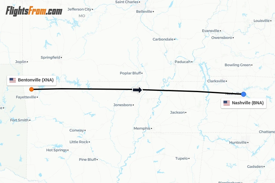 Flights from Bentonville to Nashville route map