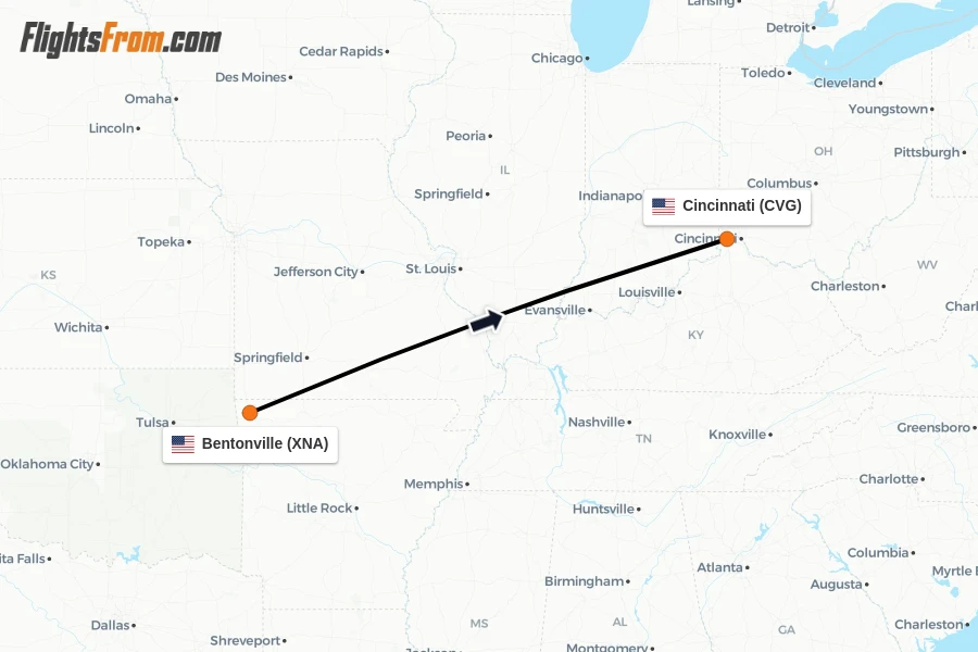 Flights from Bentonville to Cincinnati route map