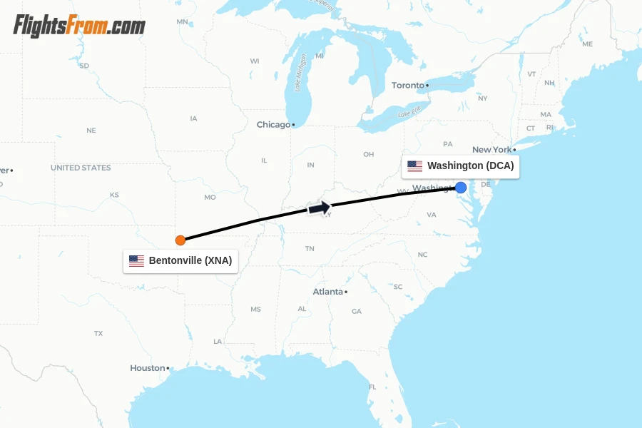 Flights from Bentonville to Washington route map