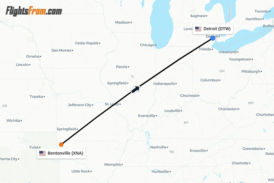 Flights from Bentonville to Detroit route map