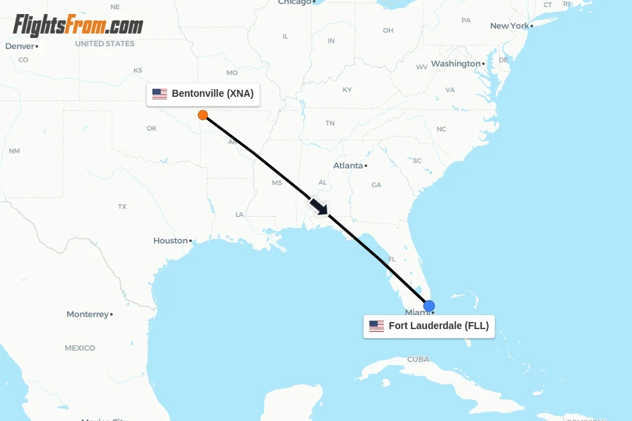 Flights from Bentonville to Fort Lauderdale route map