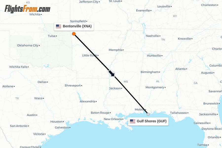 Flights from Bentonville to Gulf Shores route map