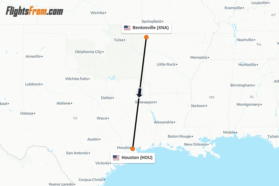 Flights from Bentonville to Houston route map