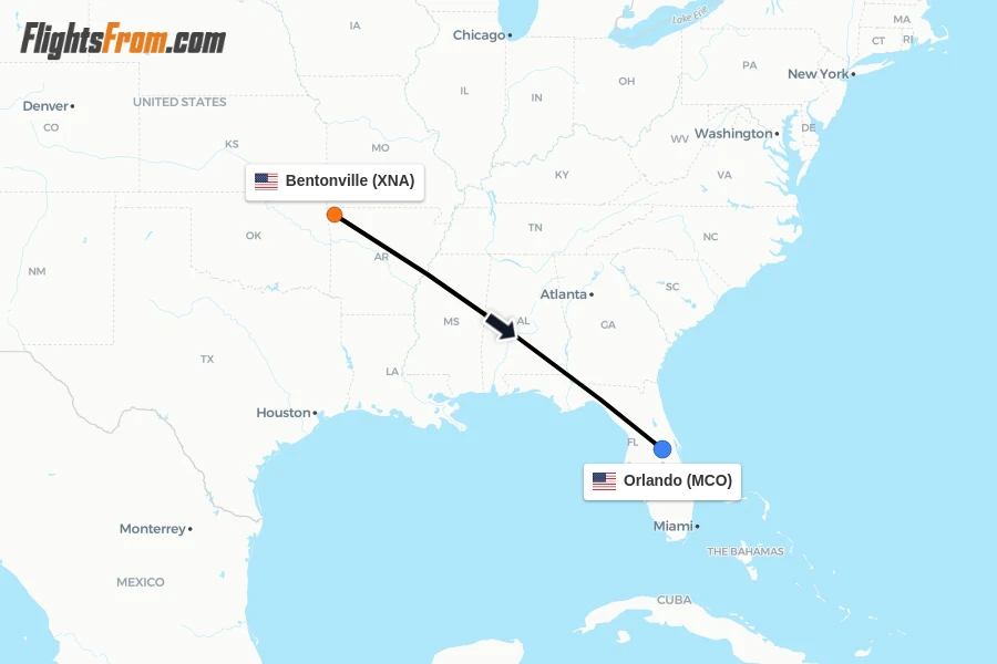 Flights from Bentonville to Orlando route map