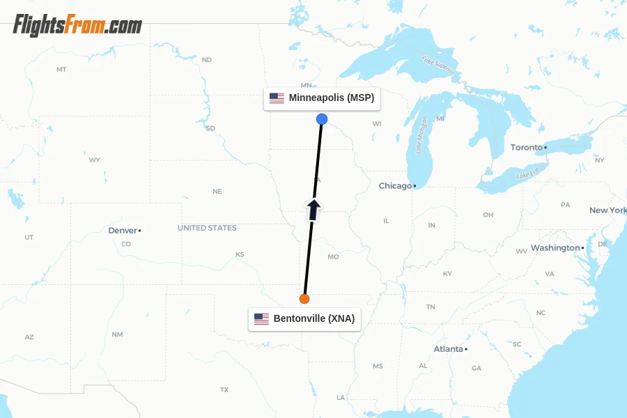 Flights from Bentonville to Minneapolis route map