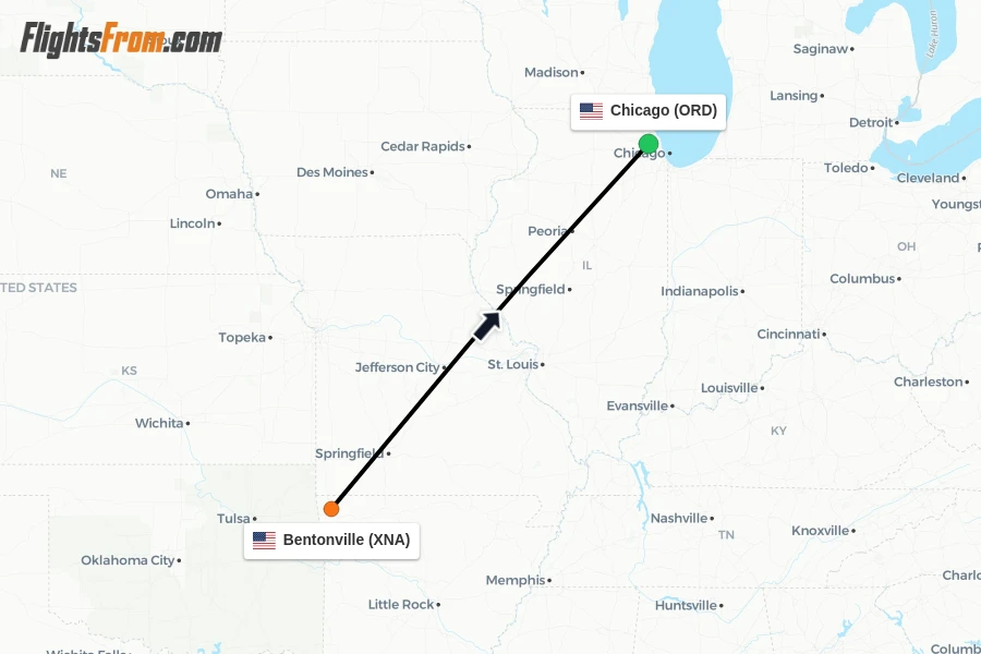 Flights from Bentonville to Chicago route map