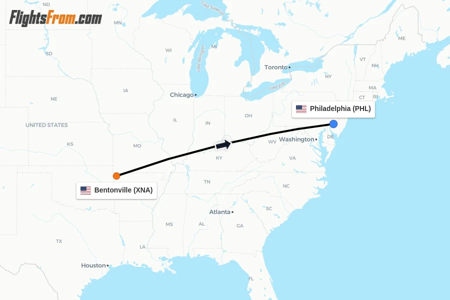 Flights from Bentonville to Philadelphia route map