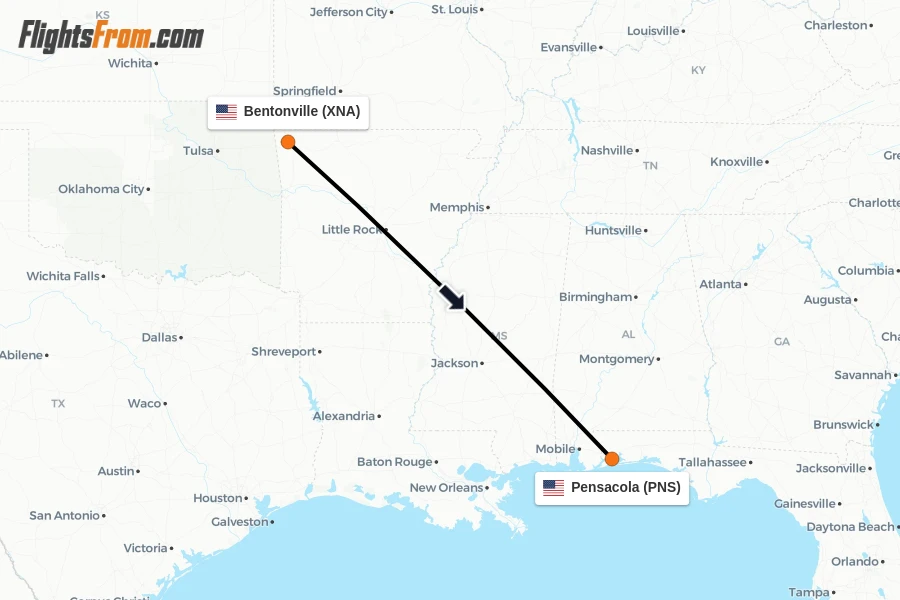 Flights from Bentonville to Pensacola route map