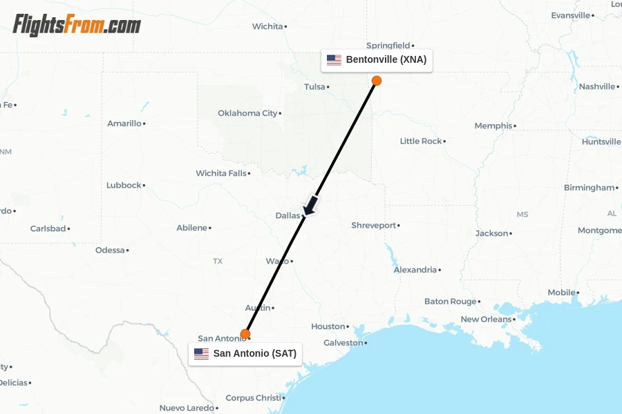 Flights from Bentonville to San Antonio route map