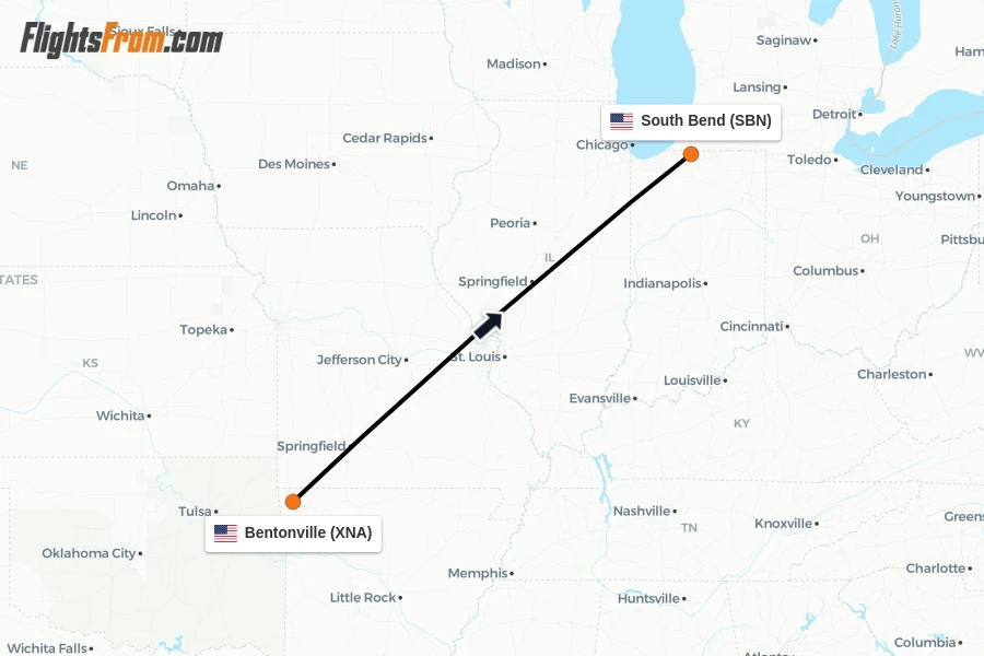 Flights from Bentonville to South Bend route map