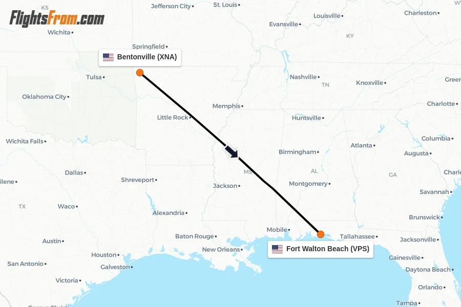 Flights from Bentonville to Fort Walton Beach route map