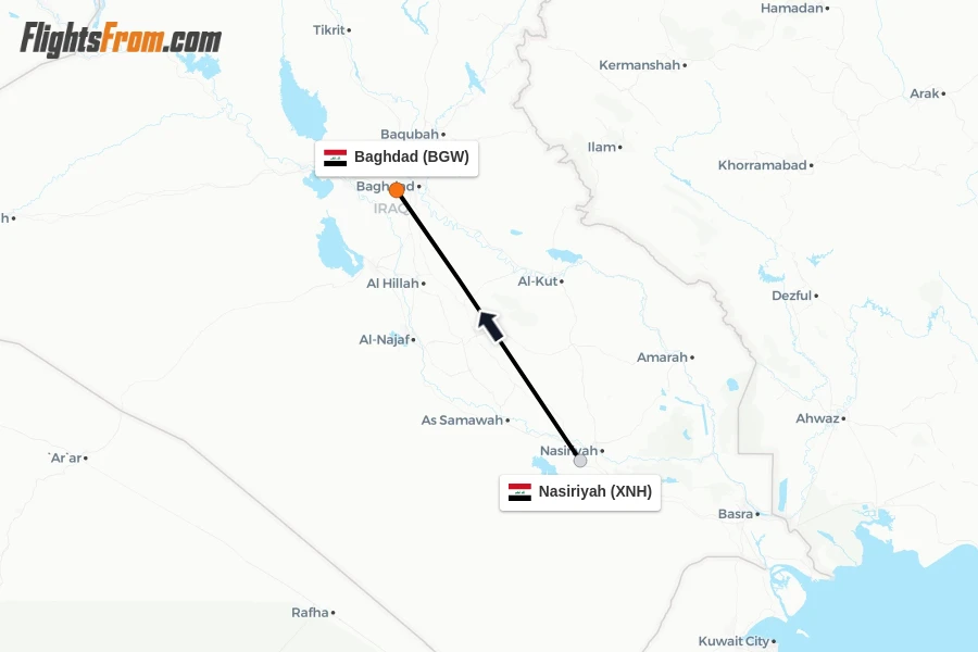 Flights from Nasiriyah to Baghdad route map