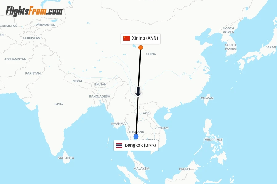 Flights from Xining to Bangkok route map