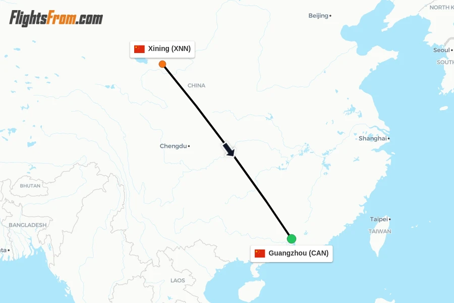 Flights from Xining to Guangzhou route map