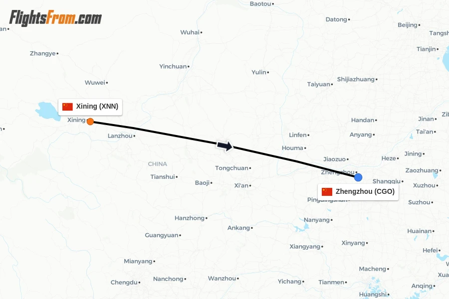 Flights from Xining to Zhengzhou route map