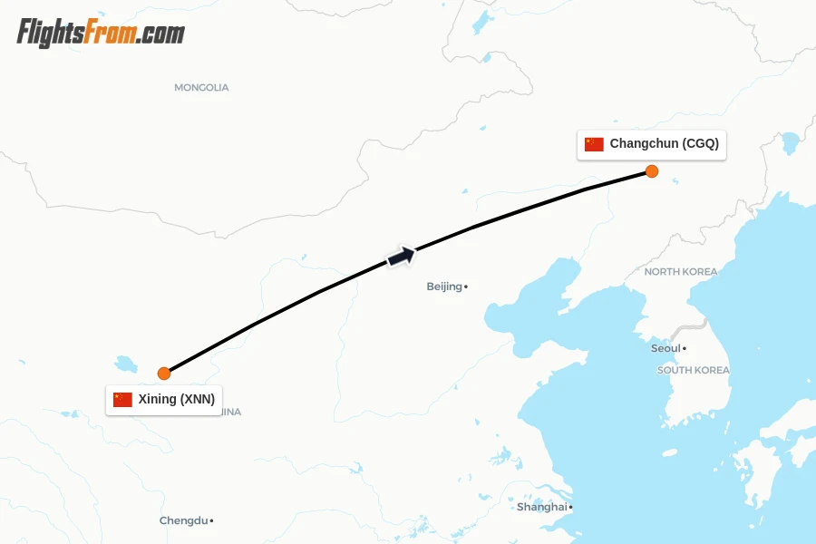 Flights from Xining to Changchun route map