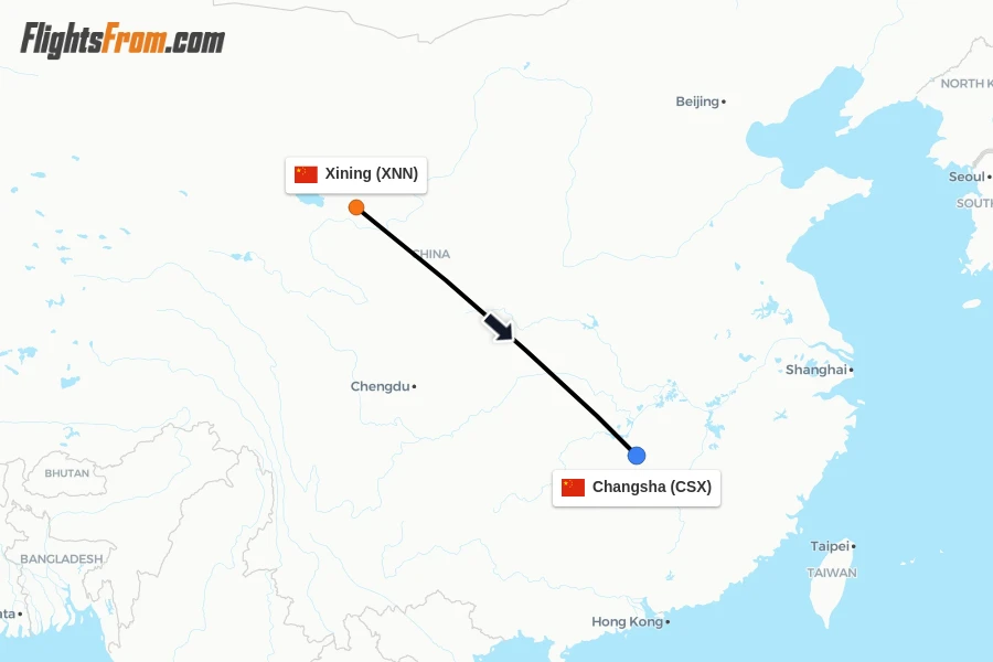 Flights from Xining to Changsha route map