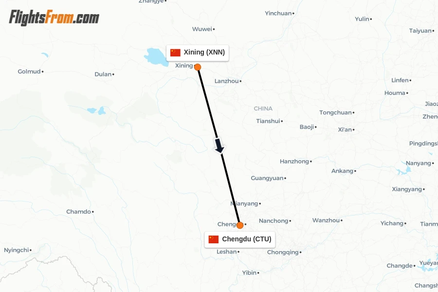Flights from Xining to Chengdu route map
