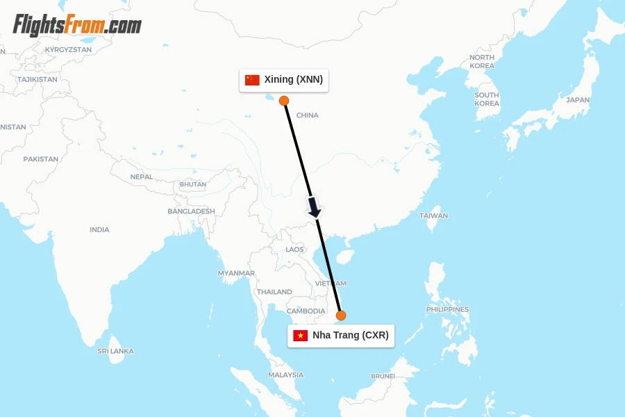 Flights from Xining to Nha Trang route map