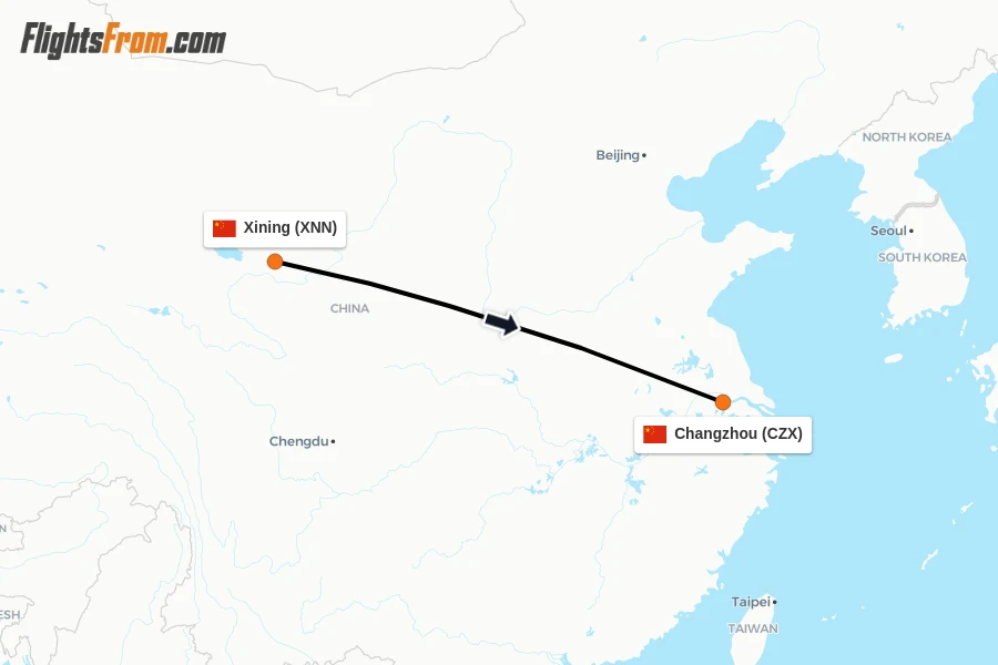 Flights from Xining to Changzhou route map