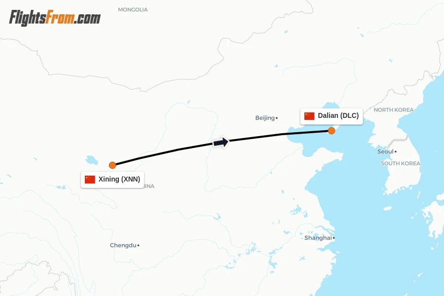 Flights from Xining to Dalian route map