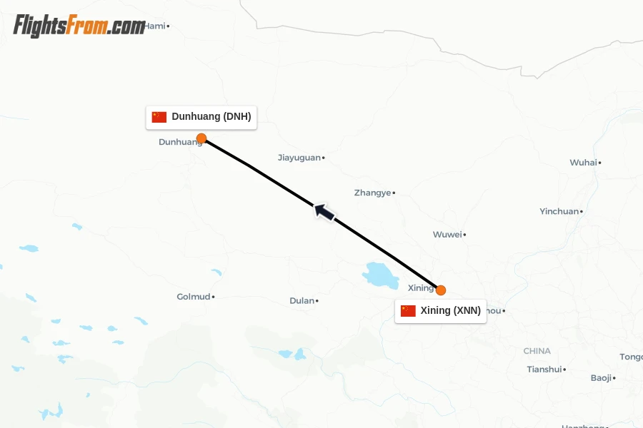 Flights from Xining to Dunhuang route map
