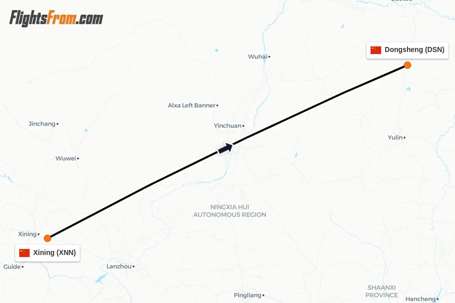 Flights from Xining to Dongsheng route map