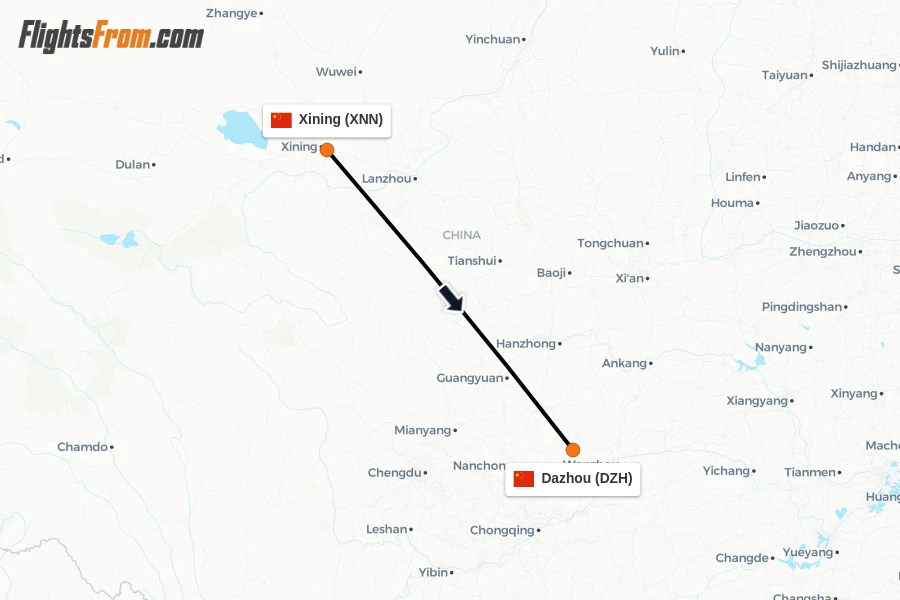 Flights from Xining to Dazhou route map
