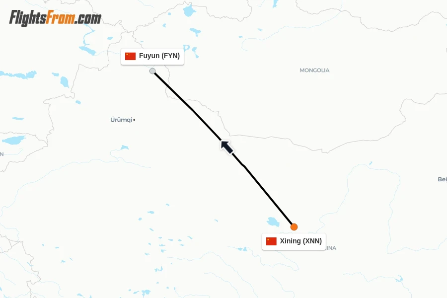 Flights from Xining to Fuyun route map