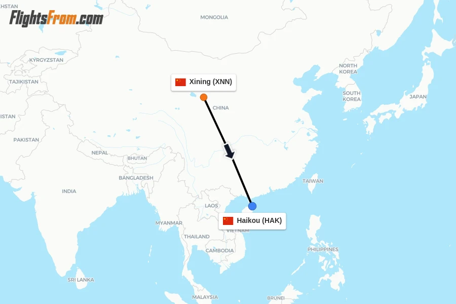 Flights from Xining to Haikou route map