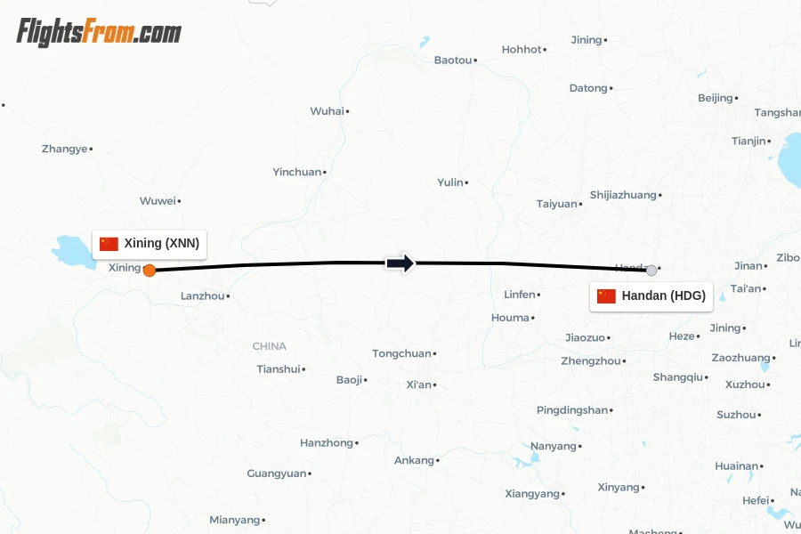 Flights from Xining to Handan route map