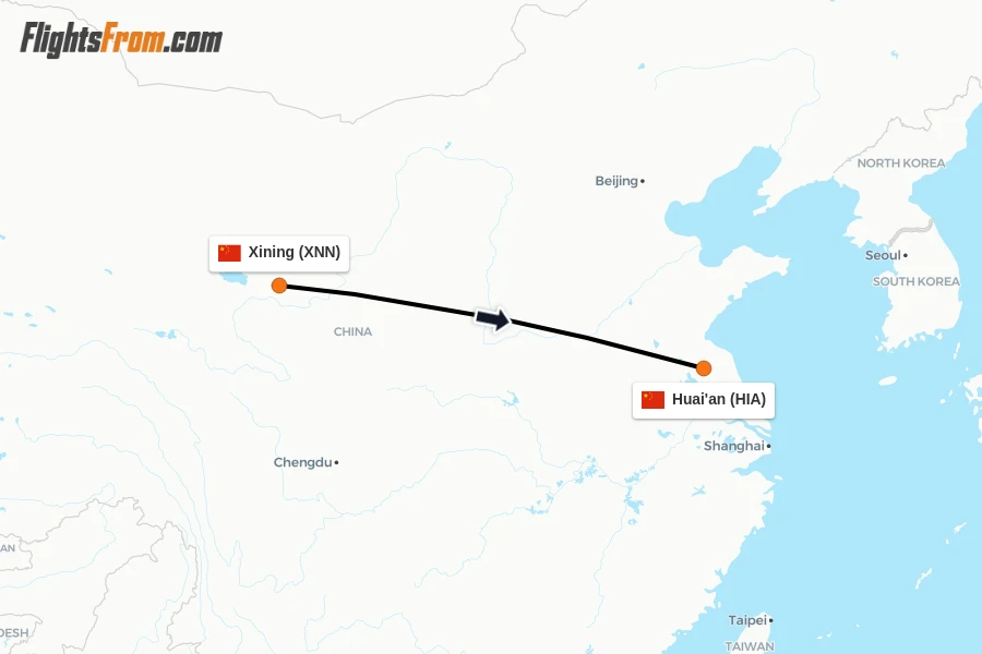 Flights from Xining to Huai'an route map