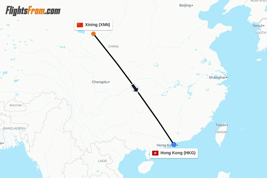 Flights from Xining to Hong Kong route map