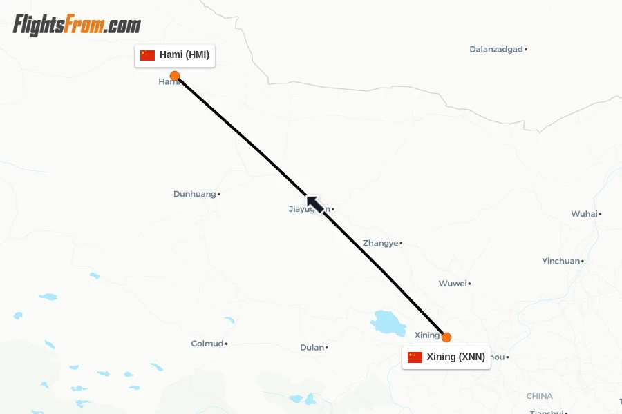 Flights from Xining to Hami route map