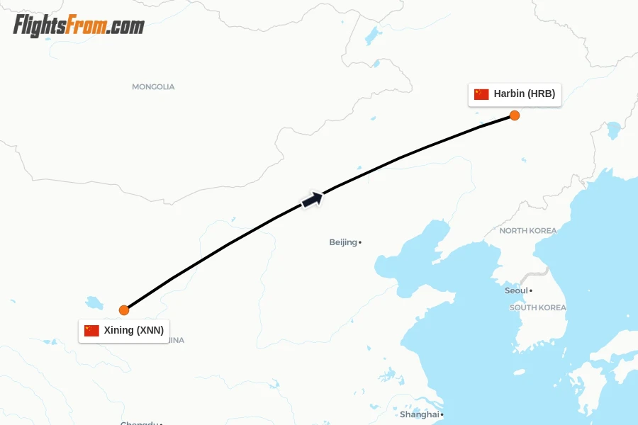 Flights from Xining to Harbin route map