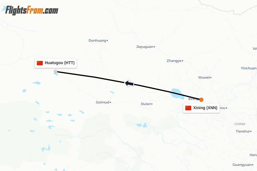 Flights from Xining to Huatugou route map