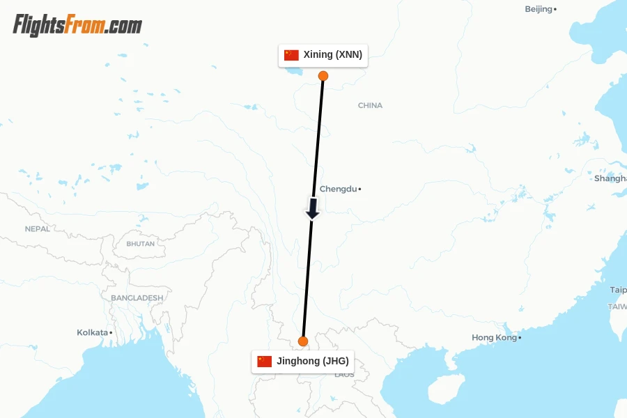 Flights from Xining to Jinghong route map