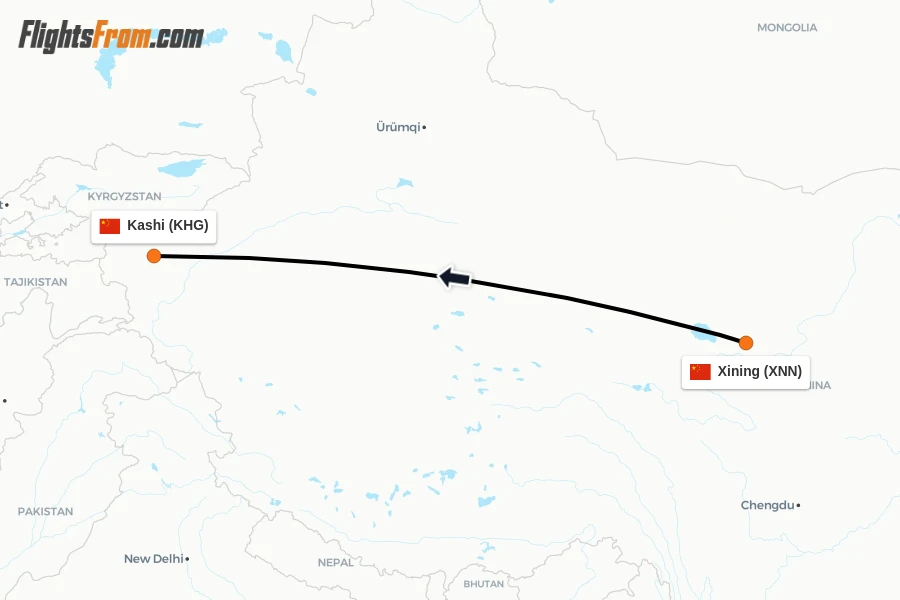 Flights from Xining to Kashi route map