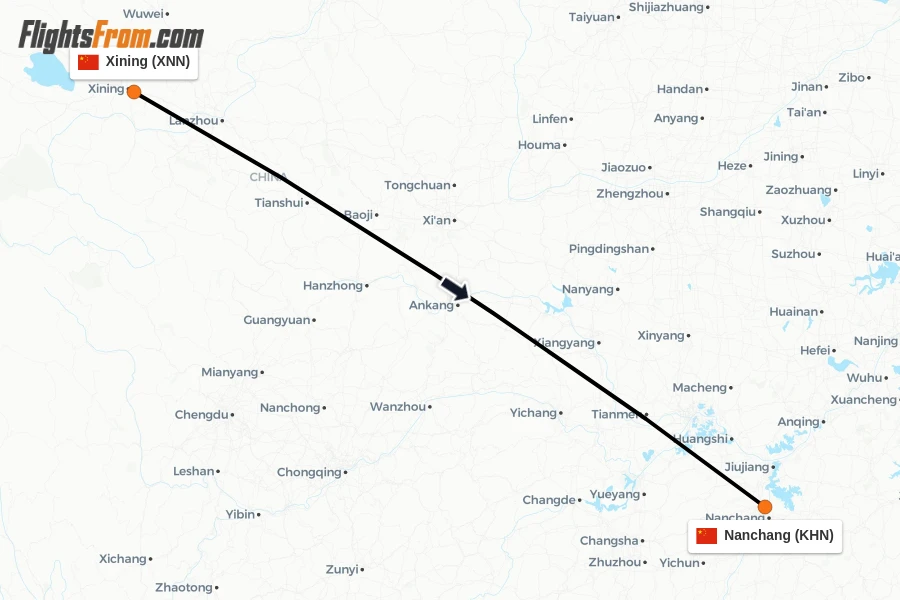 Flights from Xining to Nanchang route map