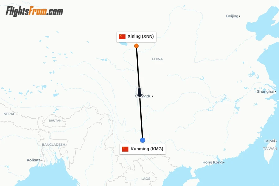 Flights from Xining to Kunming route map