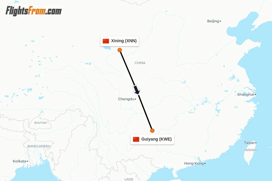 Flights from Xining to Guiyang route map