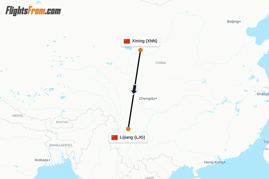 Flights from Xining to Lijiang route map