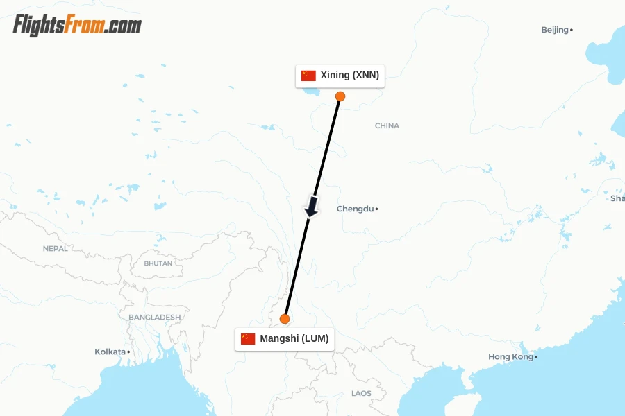 Flights from Xining to Mangshi route map