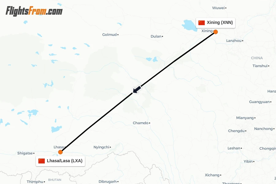 Flights from Xining to Lhasa/Lasa route map