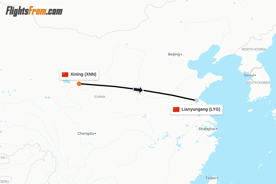 Flights from Xining to Lianyungang route map