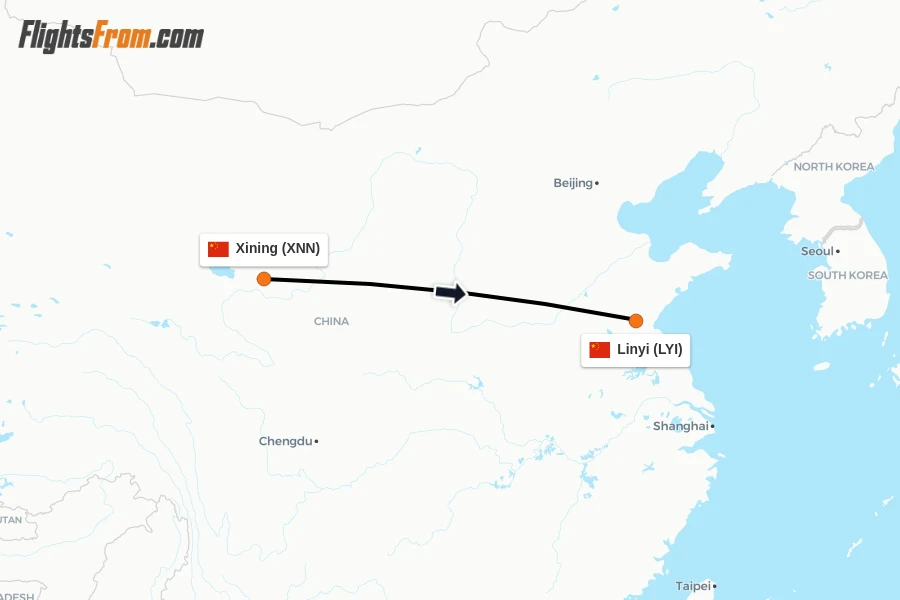 Flights from Xining to Linyi route map