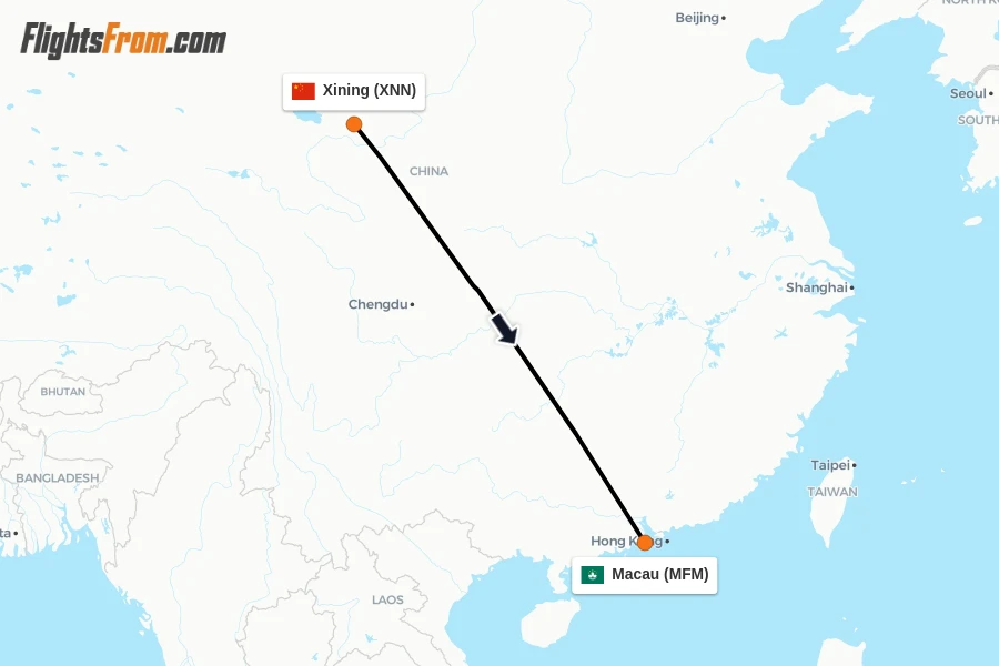 Flights from Xining to Macau route map