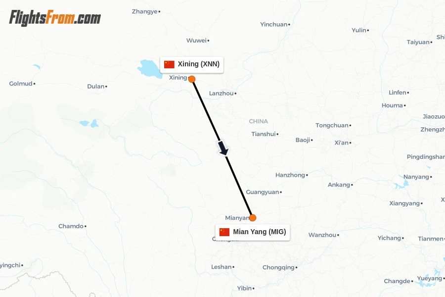 Flights from Xining to Mian Yang route map